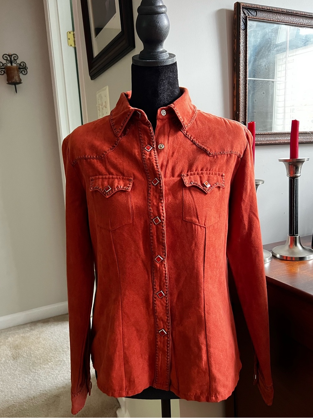Wrangler Faux Suede Western Snap Shirt Terracotta Rose Size Small